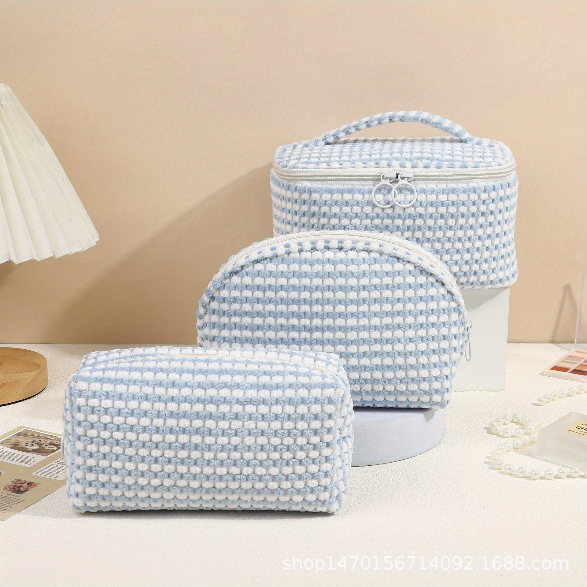 3 unids/set de bolsas de maquillaje simples y elegantes, bolsa de cosméticos a cuadros de felpa para cosméticos y artículos de tocador: Verde