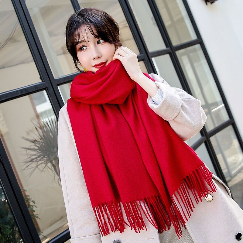 Winter Scarf Women Wool Blending Solid Shawls and Wraps for Ladies Warm Muffler Echarpe Vintage Red Wool Scarves Foulard