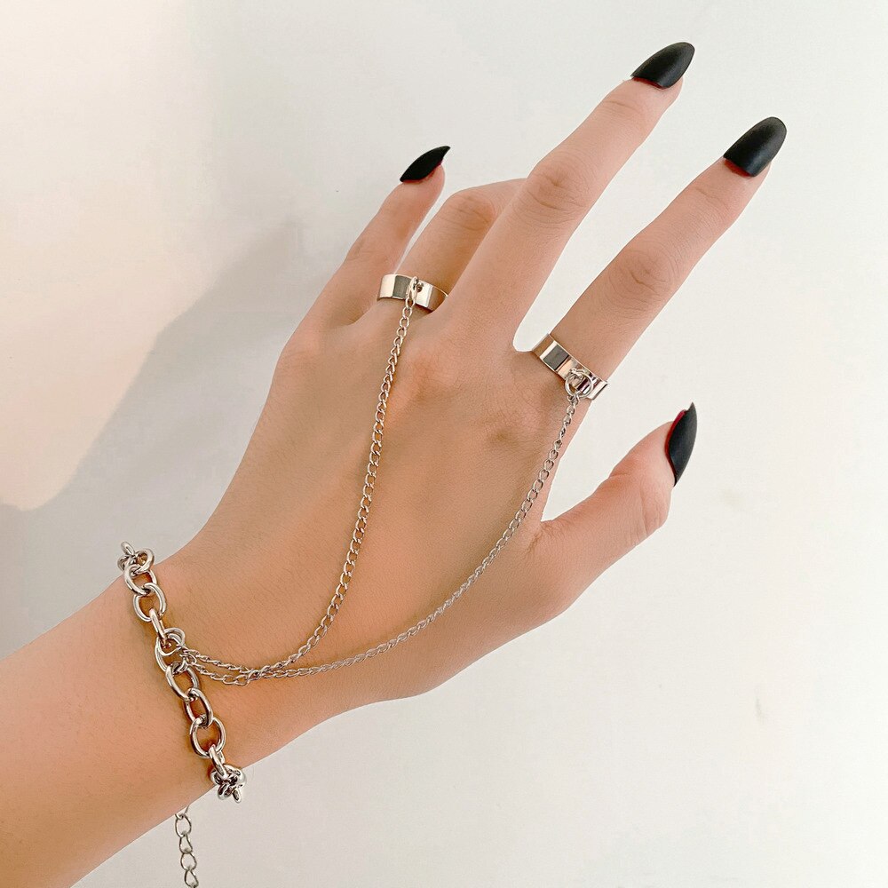 Punk Long Chain Wrist Bracelet Rings For Women Charm Butterfly Pendant Finger Rings Fashion Jewelry Gifts Pulsera Mujer: RI21Y0635