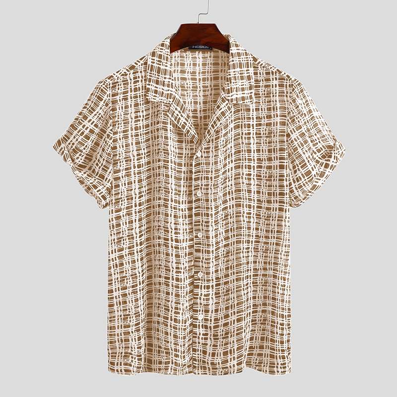 Skjorte med print til mænd streetwear revers løs afslappet kortærmet camisas sommer åndbar strand hawaiiansk skjorter s -5xl incerun: Khaki / Xxxl