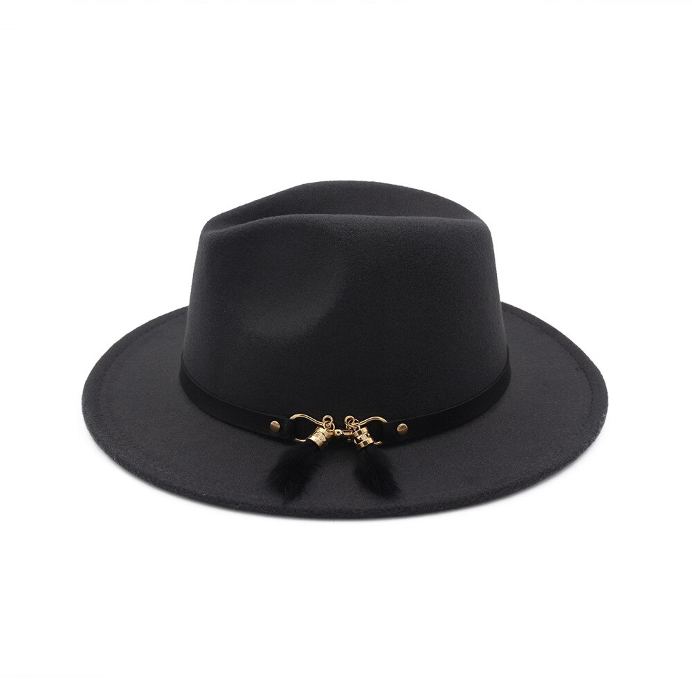 HanXi Winter Women Hat Wool Fedoras Felt Hat Lady Classical Flat Brim Cap PU Leather Band Metal Buckle