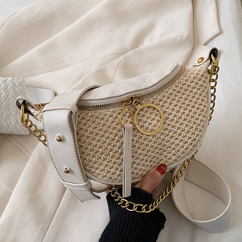 Chain Shoulder Messenger Bag Travel Chest bag Straw Crossbody bag Summer Women's Handbag: White