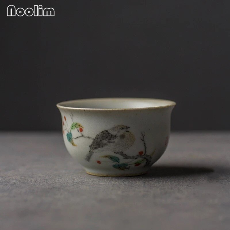 Malede blomster og fugle japansk antik kinesisk porcelæn gaiwan kung fu te kopper retro porcelæn celadon vand kop drinkware: -en