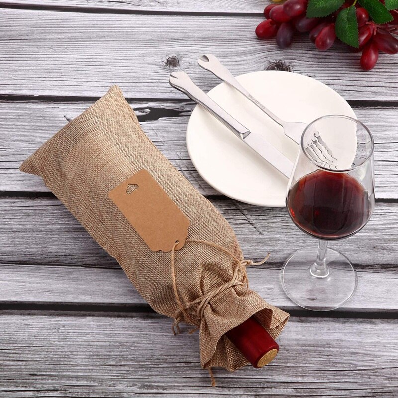 Bolsas de arpillera para botellas de vino, bolsas de yute con cordones, reutilizables, para de vino con etiquetas, para o ciega, 12 piezas
