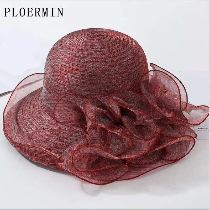 Ploermin Organza Zon Hoeden Vrouwen Bloem Zomer Bruiloft Caps Vrouwelijke Elegante Bloemen Uv Kerk Hoeden Mode