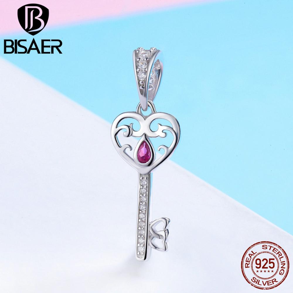 BISAER réel 925 argent Sterling clé serrure de coeur breloques rose CZ coeur perles ajustement pour les femmes Bracelet bijoux à bricoler soi-même faisant ECC772