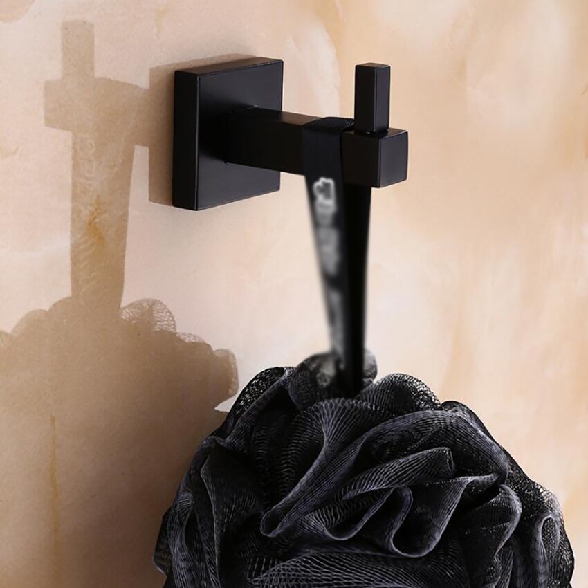 Black Single Robe Hook Stainless Steel Kitchen Bathroom Shower Square Hook for Coat, Clothes, Towel, Sponges, Wall Mounted