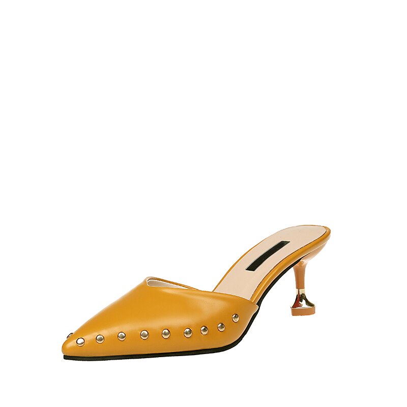 Vrouwen Zomer Muilezels Slippers Hoge Hakken Dames Klinknagels Puntschoen Strange Stijl Vrouwelijke Buiten Schoenen Voor Meisjes: Yellow / 7.5