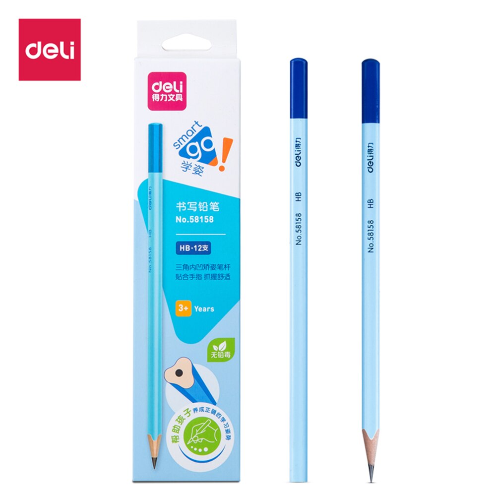 12pcs Deli Child Pencil Concave Triangle Rod HB 2B Holding Pen Posture Correction Pen Drawing Writing Graphite Pencil Erasable