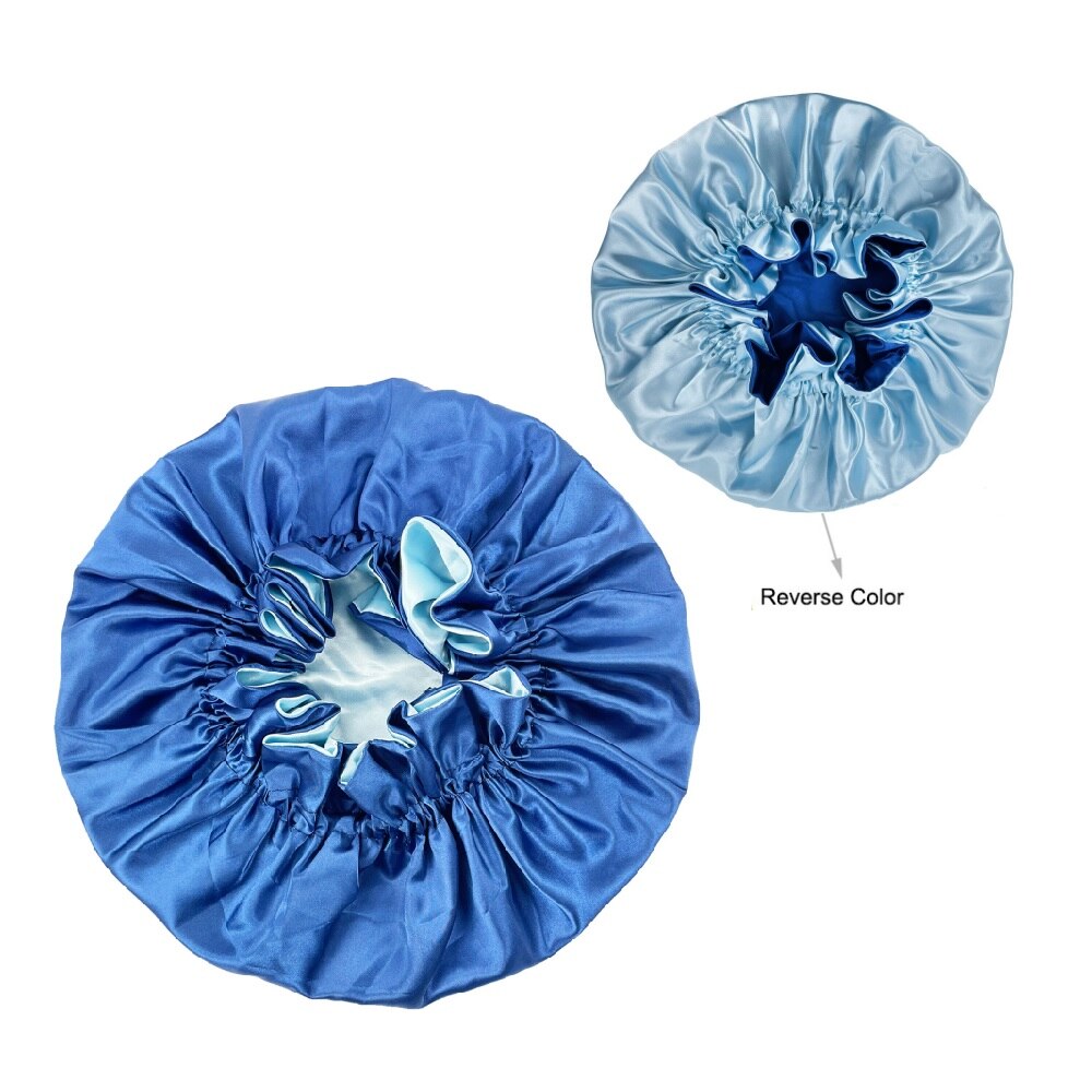 Effen Kleur Omkeerbaar Zijdeachtig Satijn Motorkap Dubbele Laag Slaap Night Cap Head Cover Motorkap Hoed Voor Voor Krullend Veerkrachtig Hair zwart: style443-blue