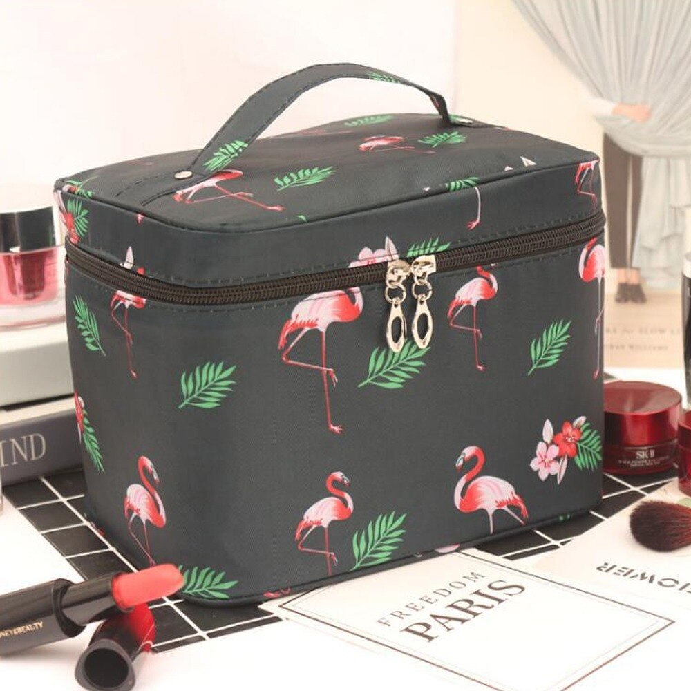 Portable Women Cosmetics Makeup Bag Large Capacity Toilet Travel Bag Organizer Boxes Zipper Bag Beauty Makeup Pouch Waterproof: Flamingo Black