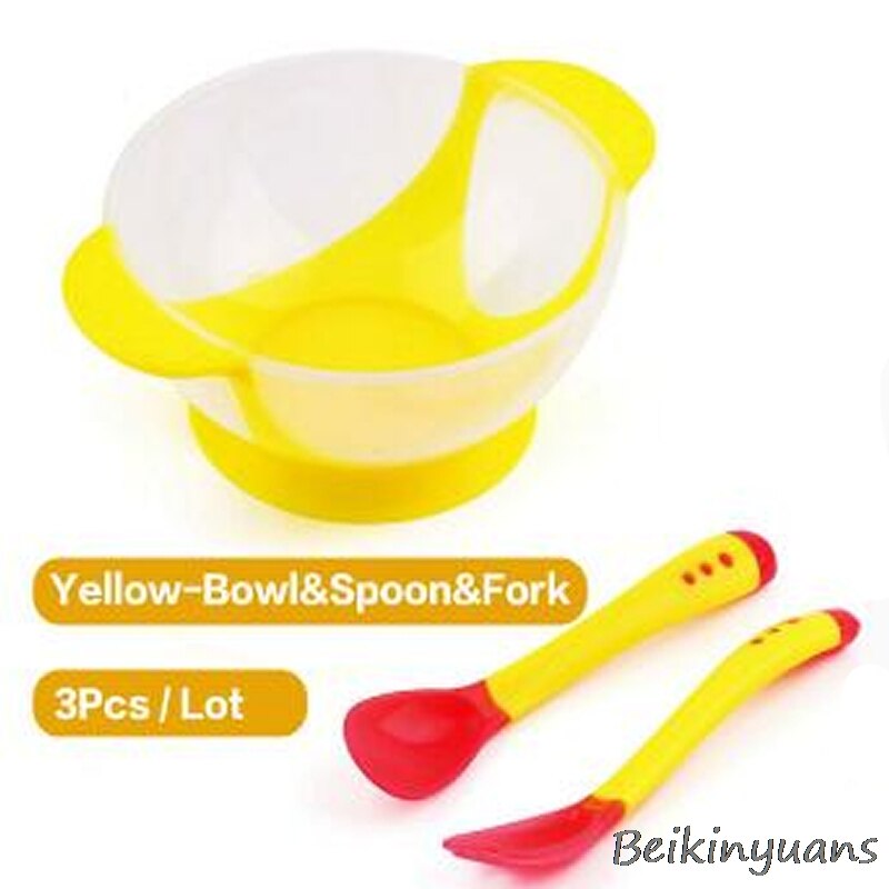 Baby Kom Antislip Servies Set Zuigelingen Voeden Kom Met Sucker En Temperatuur Sensing Lepel Voor Kinderen Servies: yellow