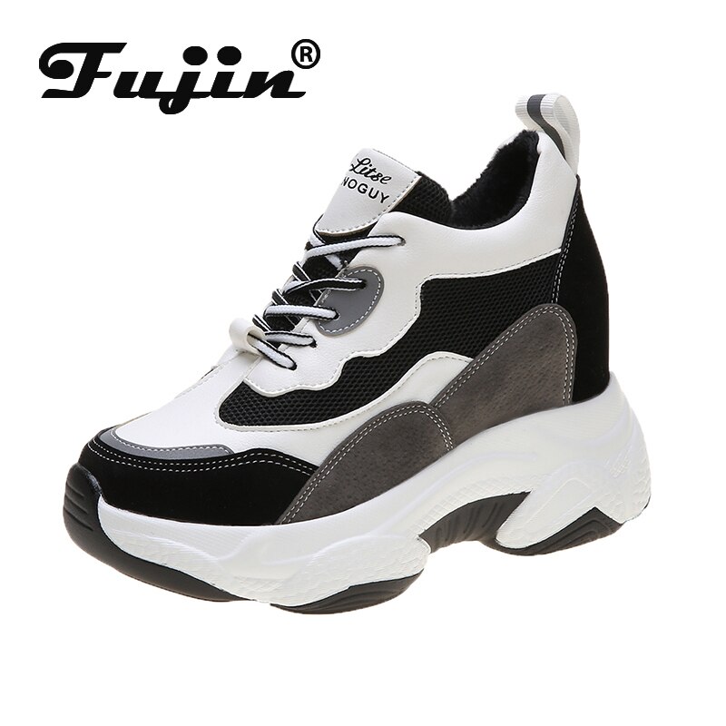 Fujin winter dames sneakers, zacht, warm, ademend, ronde neus, dikke zool, vrijetijdsschoenen met veters voor dames.