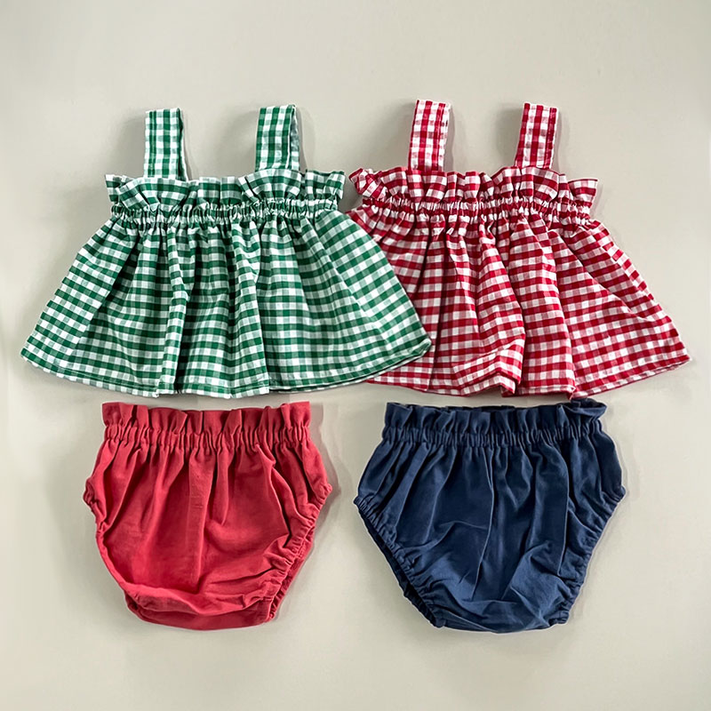 Summer Girls Clothes Sets Sleeveless Plaid Pattern Top and Cute Shorts 2 pcs Kids Suits Baby Children Outfits