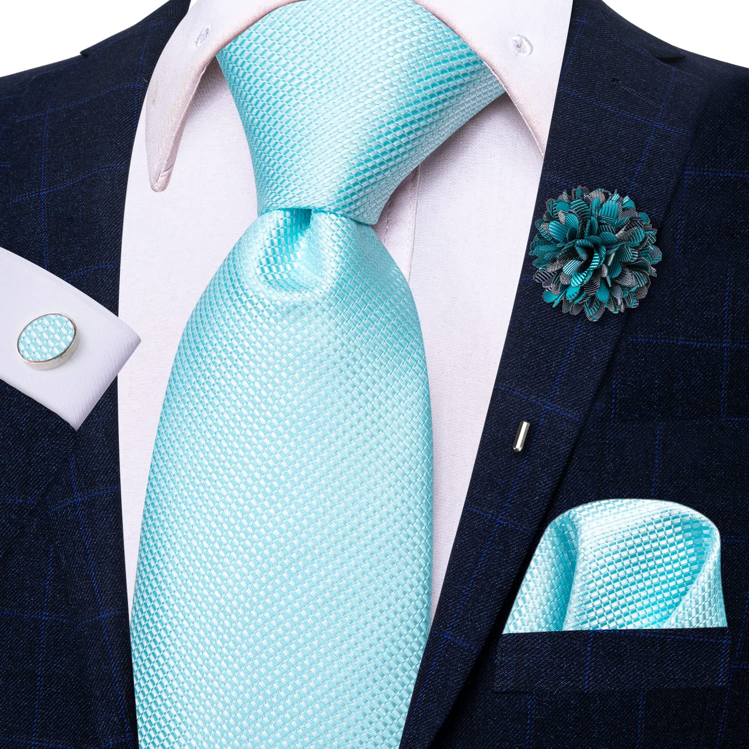 Corbata de negocios de seda azul claro liso para hombre, corbata de de alta corbata de lujo de 8,5 cm, broche de gemelos, corbata de boda para hombre 2023