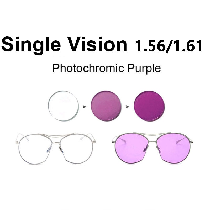 Lente de visión única fotocromática, lentes ópticas para gafas, color rosa o azul o púrpura, rango SPH-1,56 ~ + 1,61 Max CLY-8,00, 6,00/6,00
