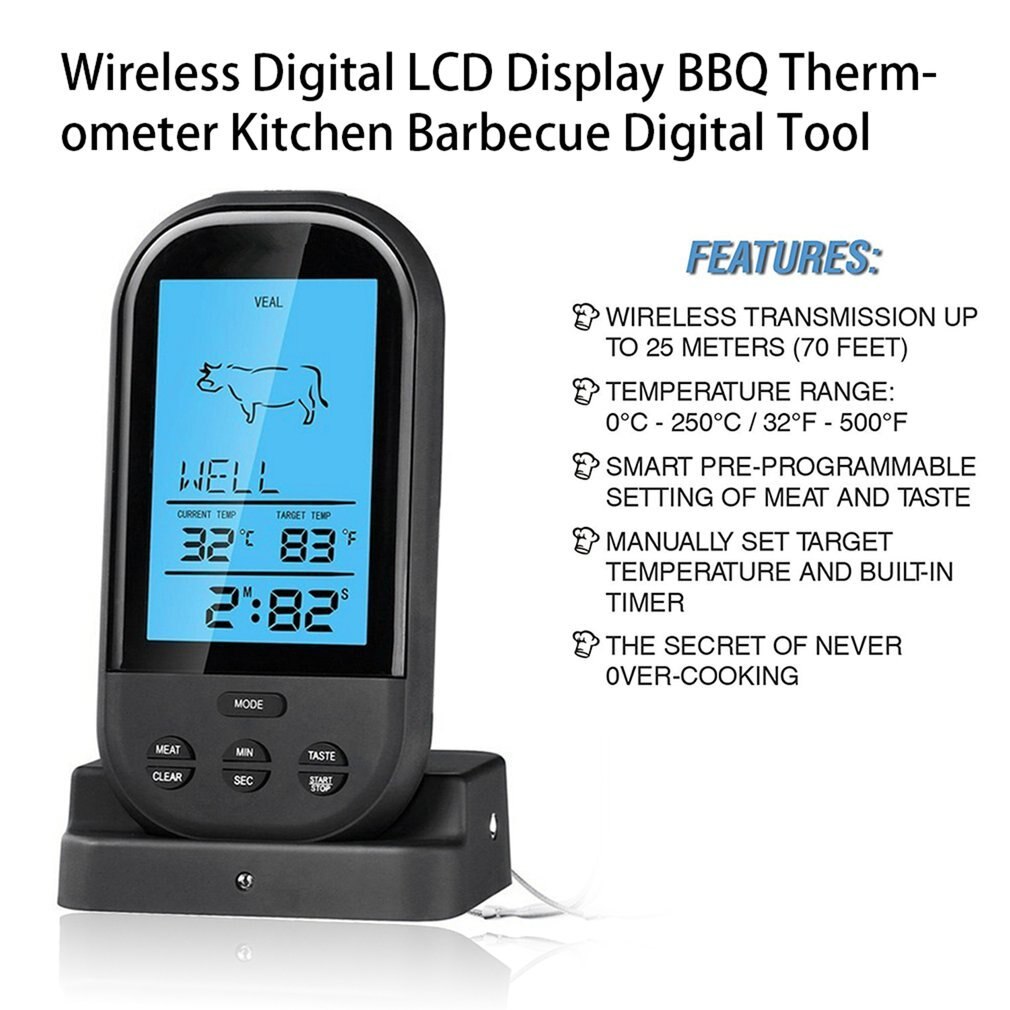 Termómetro Digital inalámbrico con pantalla LCD, herramienta de temperatura para barbacoa, cocina, carne