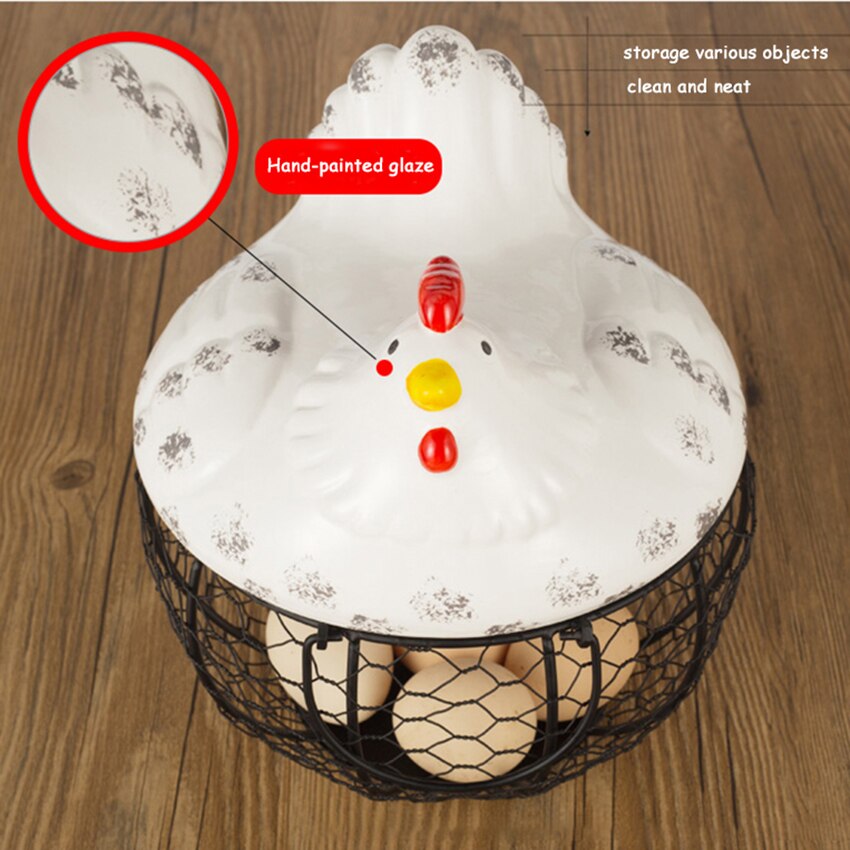Egg Fruit Ceramic Storage Basket With Lid Large Capacity Mesh Metal Holder Kitchen Supplies Hen Ornament Organizer Container