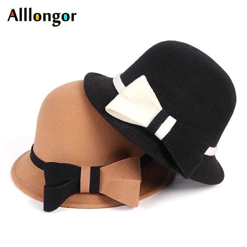 Wool Fedora Hat Women Winter Vintage Felt Hats ladies Bowknot Bucket Cap Black White dome Top Church bowler Hat