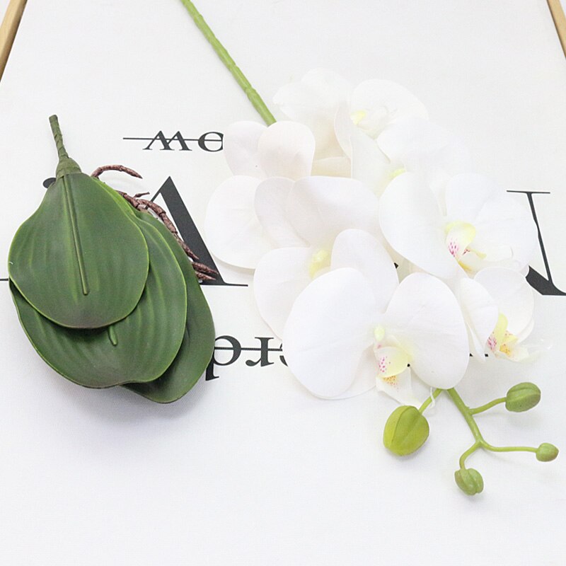 Kunstig orkidé phalaenopsis med stort blad pu ægte berøring blomst håndføler pottemager planter bryllupsindretning hjemmebord tilbehør: Hvid