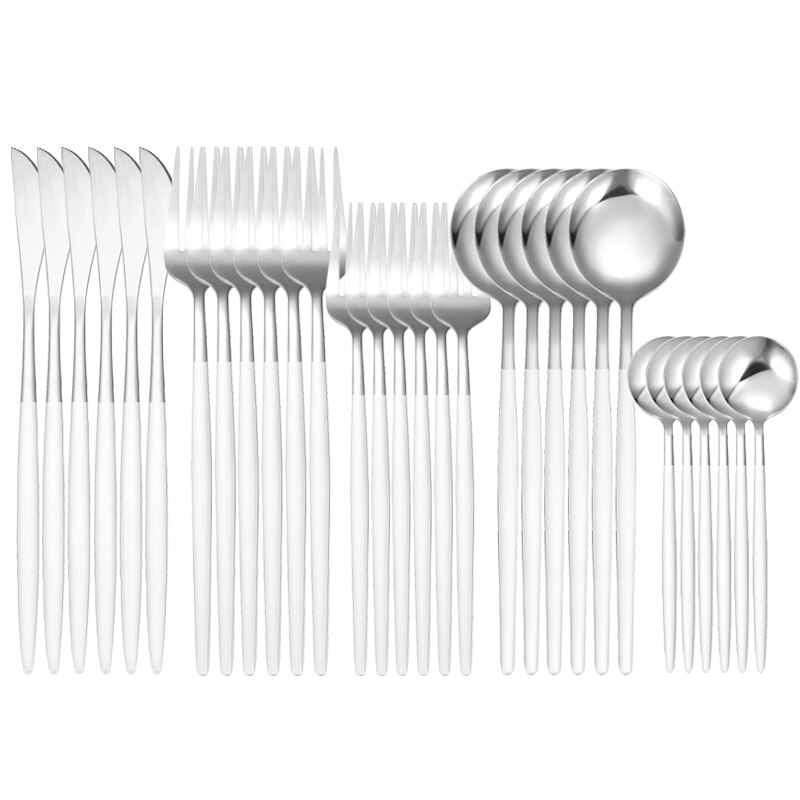 30Pcs White Gold Dinnerware Set Stainless Steel Knife Fork Spoon Cutlery Set Kitchen Tableware Set Flatware Set: 30Pcs White Silver