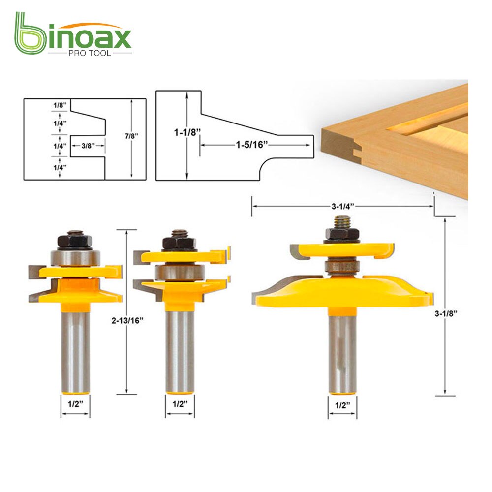 Binoax 3 Bit Raised Panel Cabinet Door Router Bit Set- Bevel- 1/2 inch Shank