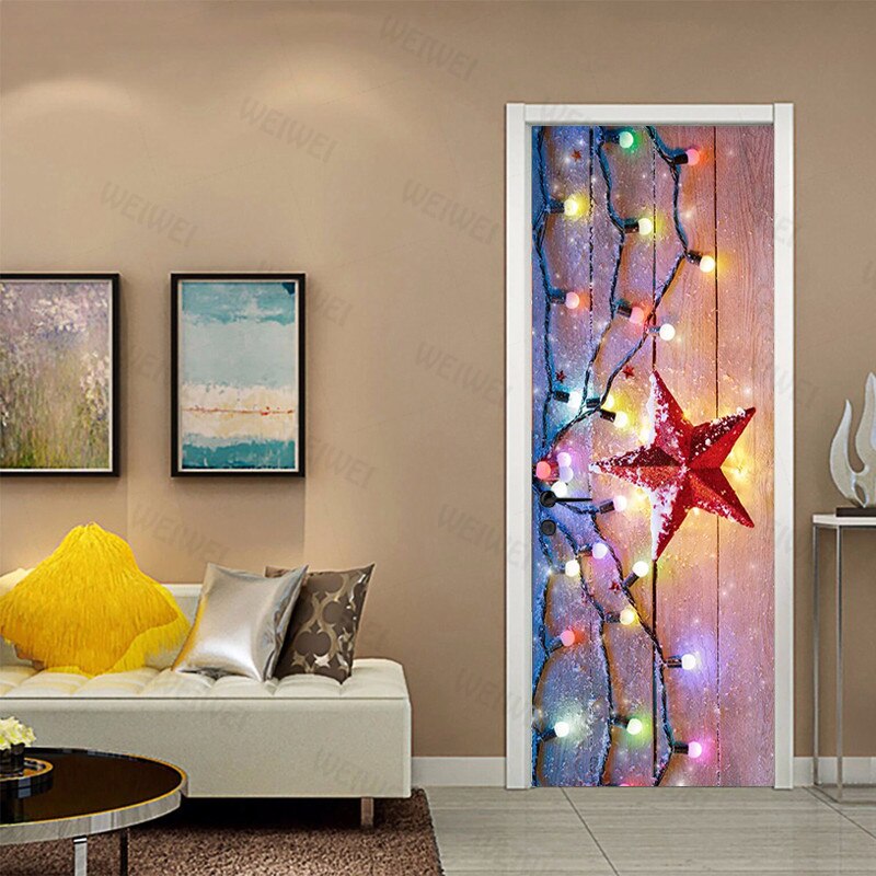 Christmas Light Red Five-Pointed Star Wallpaper Pvc Self-Adhesive Waterproof Mural Picture 3D Restaurant Door Stickers Christmas