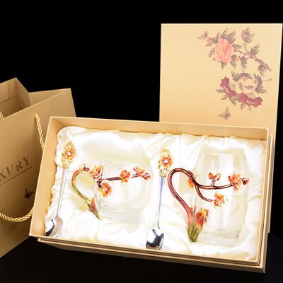 Peach Blossom and Rhinestones Decorated Enamel Coffee Cup Mug Flower Tea Glass Milk Cups Alloy Handgrip Cups and Mugs