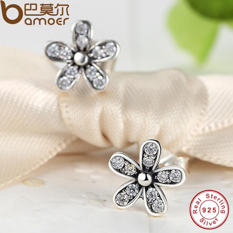 BAMOER Authentic 925 Sterling Silver Dazzling Daisy Stud Earrings With Clear CZ Jewelry ANNIVERSARY PAS403