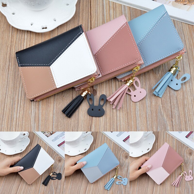 SHUJIN Geometric Women Wallets with Zipper Pink Phone Pocket Card Holder Patchwork Long Wallet Lady Tassel Short Coin Purse