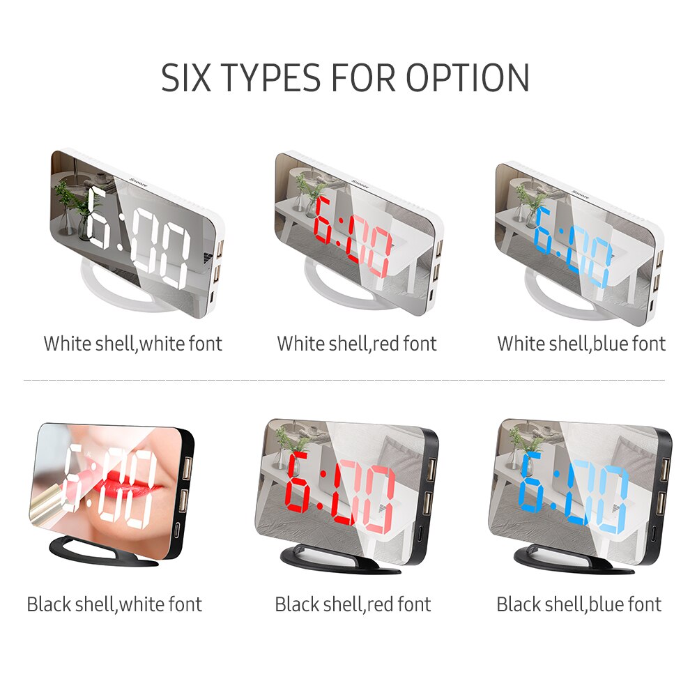 LED Mirror Clock Mini Digital Alarm Clock TS-8201-HB Table Clock with Snooze Function 3 Adjustable Brightness Auto-Adapt