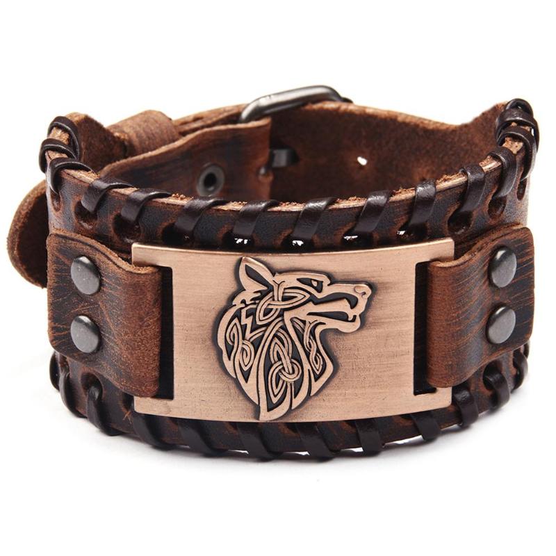 Brazalete Vintage de cuero Ancho ajustable para hombre, pulsera con cabeza de Lobo, joyería de ancho, pulseras Vintage, brazalete nórdico, Vikingo para hombre: Wolf Red Copper