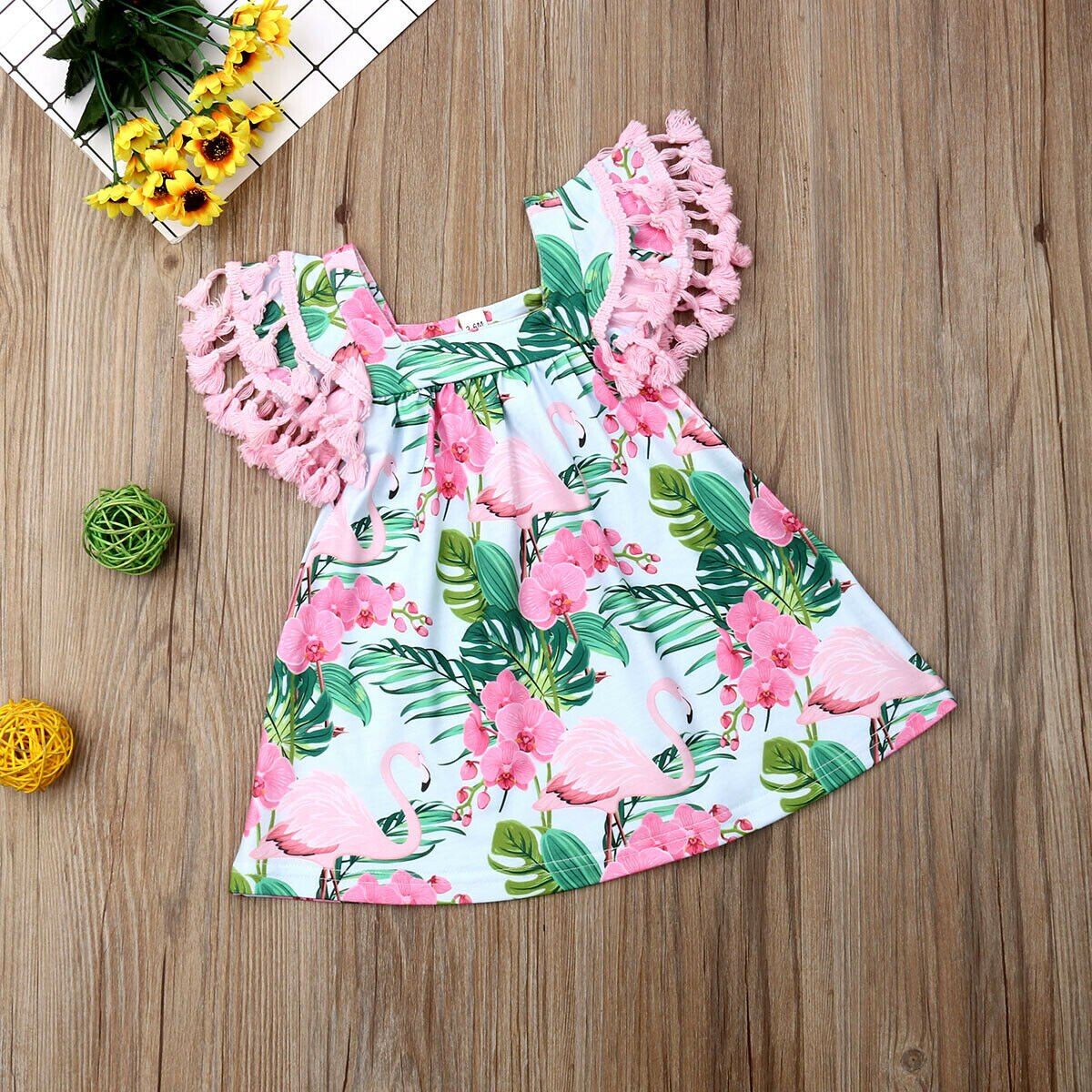 Bebis sommar kläder spädbarn småbarn bebis flicka klänning flamingo tofs ärm klänning blommig strandfest tecknade klänningar 0-18m