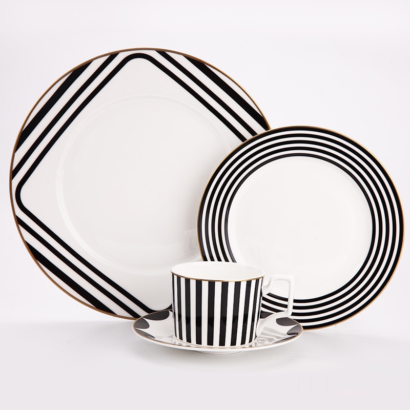 Bone China Servies Set Zwarte En Witte Streep Platte Steak Plaat Koffiekopje En Schotel Dessert Lade Gouden Rand drinkware