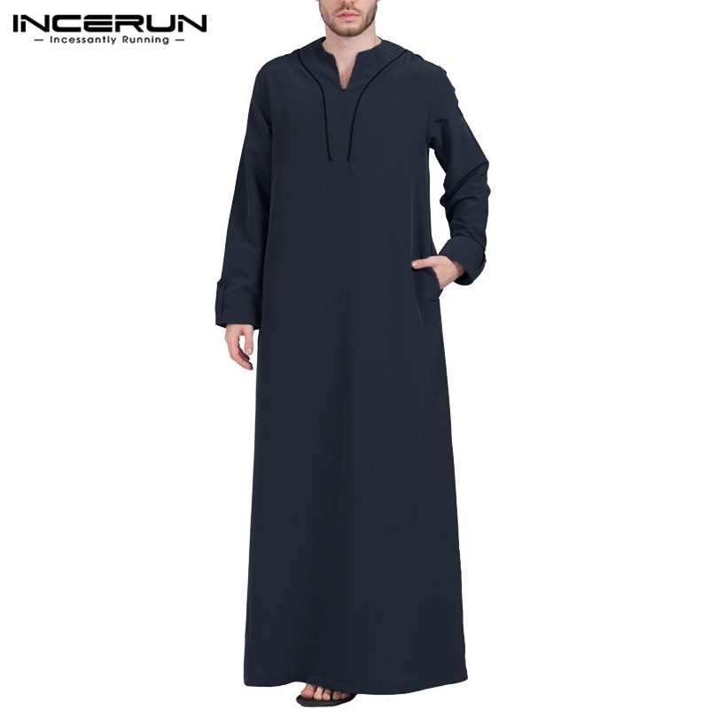 INCERUN męskie ubrania muzułmańskie Jubba Thobe z długim rękawem V Neck Casual Arabia saudyjska mężczyźni szaty Abaya dubaj Thobe arabski islamski Kaftan