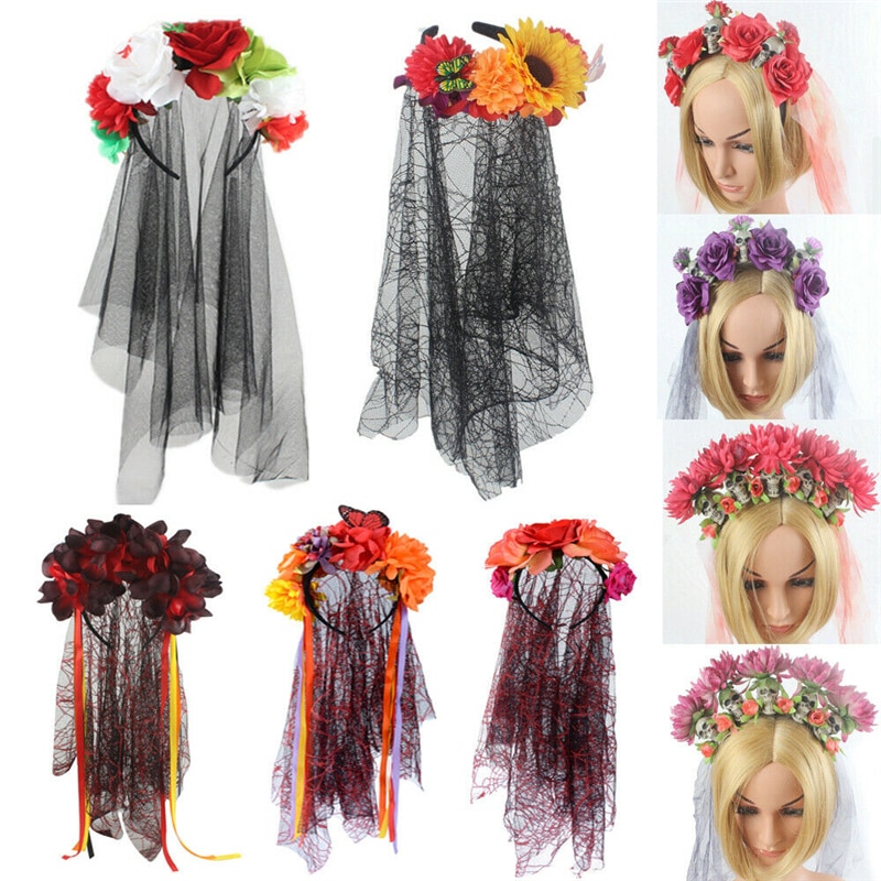 De dødes dag jul rose sort slør med blomster dame fancy dress halloween bryllup død brud pandebånd kostume hovedbeklædning