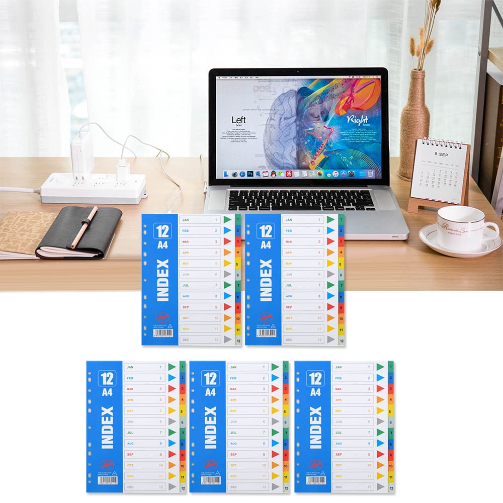 5 Sets A4 Size Plastic Binder Index Dividers whih 12 Tabs for Home School Office Library Workplace Business Supplies
