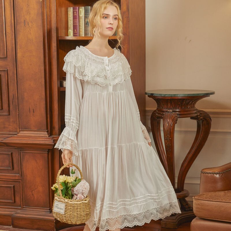 Victoriaanse Witte Nacht Jurk Vrouwen Lange Mouwen Romantische Vintage Nachtjapon Retro Prinses Nachtkleding Grote Maat Losse Peignoir Robe