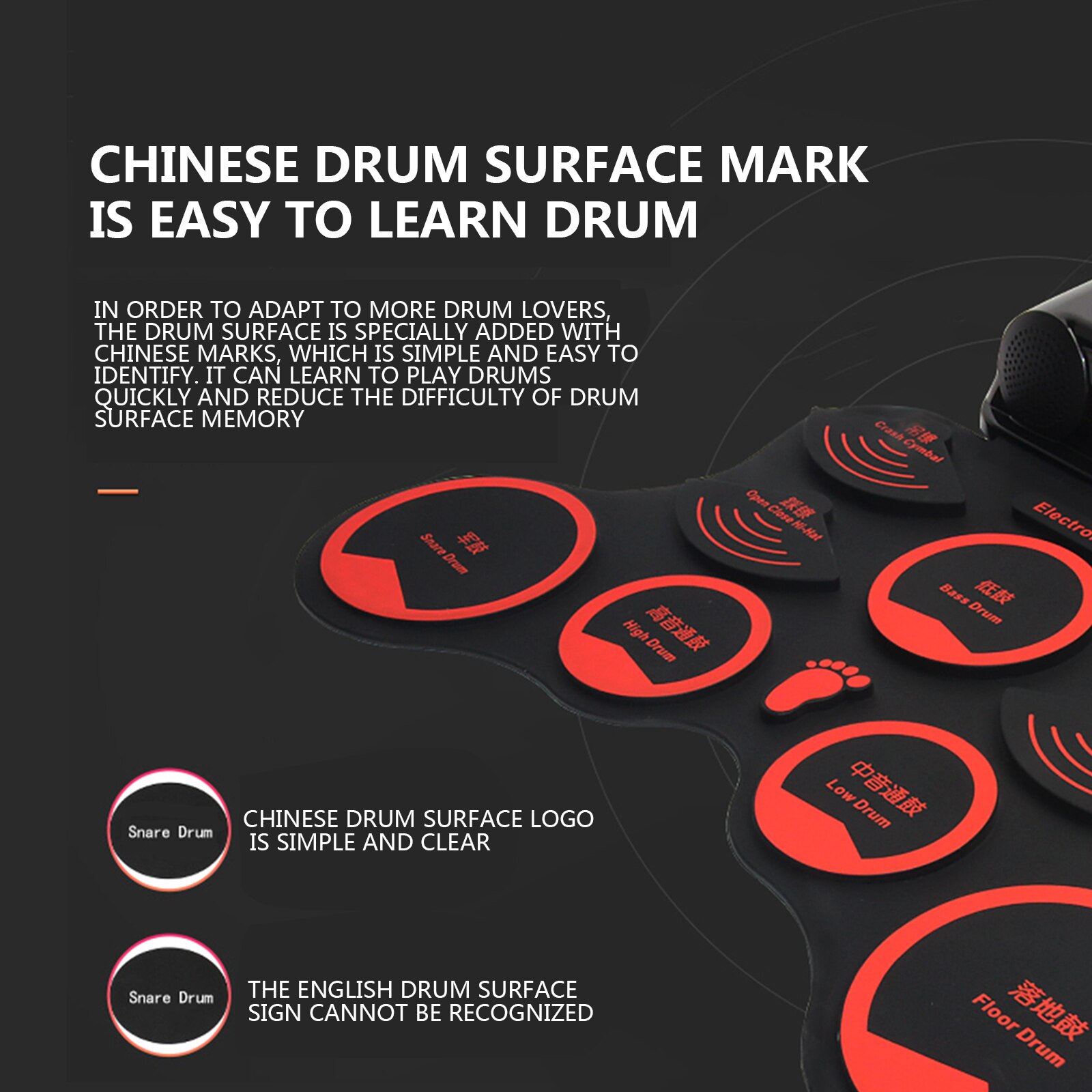 Compact Size Roll-Up Silicon Drum Set Digital Electronic Drum Kit with Drumsticks Foot Pedals 9 Drum Pads for Beginners