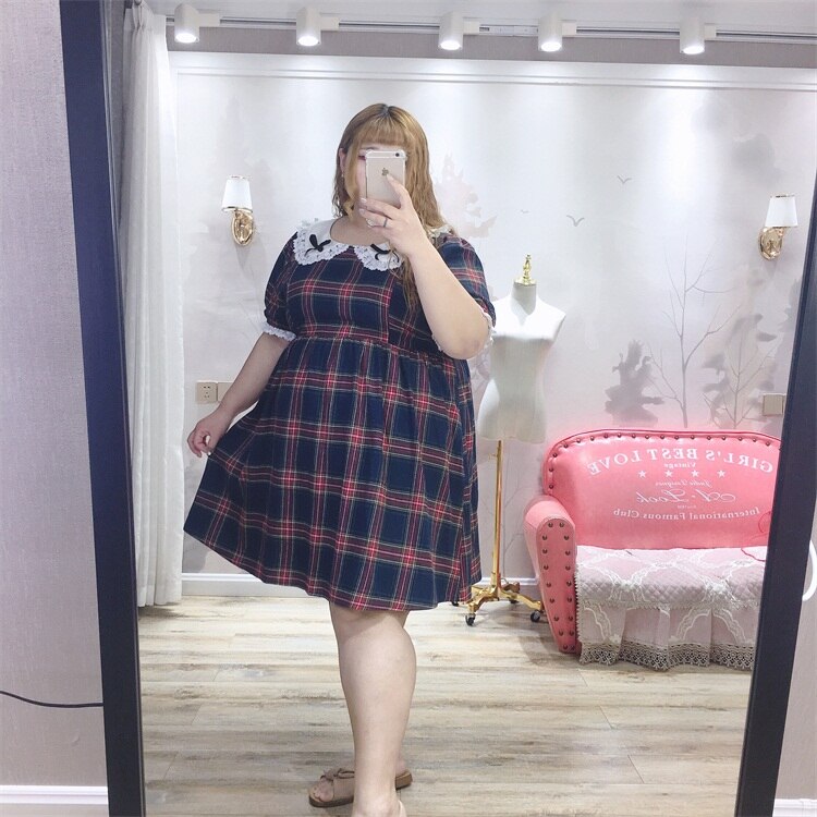 Vestido de verano de talla grande de Lolita para mujer, de chica gordito, dulce Loli, estampado a cuadros, encaje, manga corta, Xl-5xl