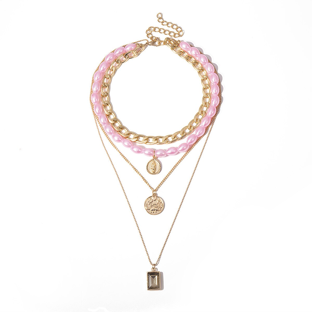 punk di Modo a Più Strati di Blocco Pendenti con Gemme E Perle Gotico Grande Cuore di Spessore Della Catena Girocollo Vintage ▾ Della Moneta Lungo Collane di Perle per Le Donne: 113729