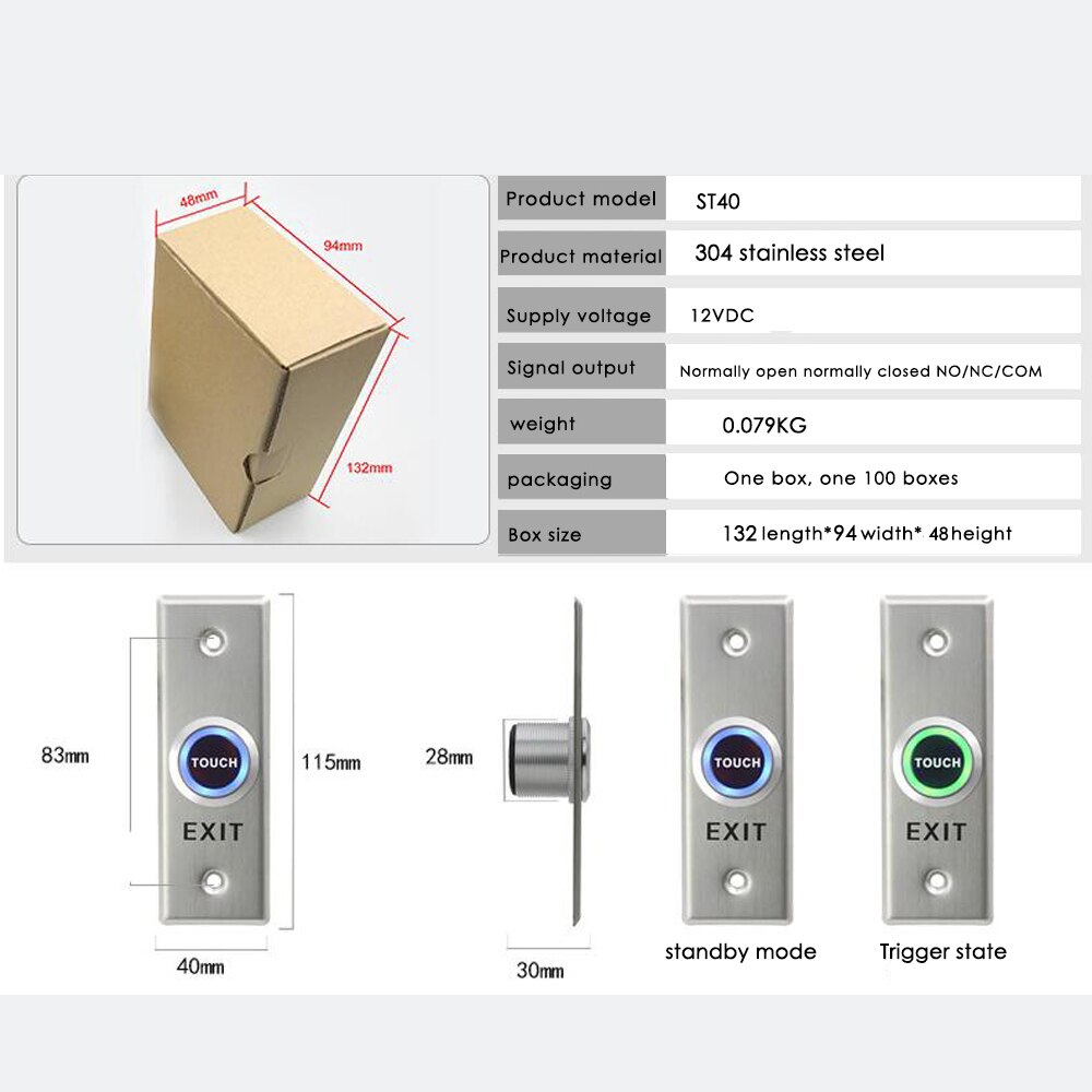 304 Stainless Steel exit button touch exit button switch for access control door access control system kit