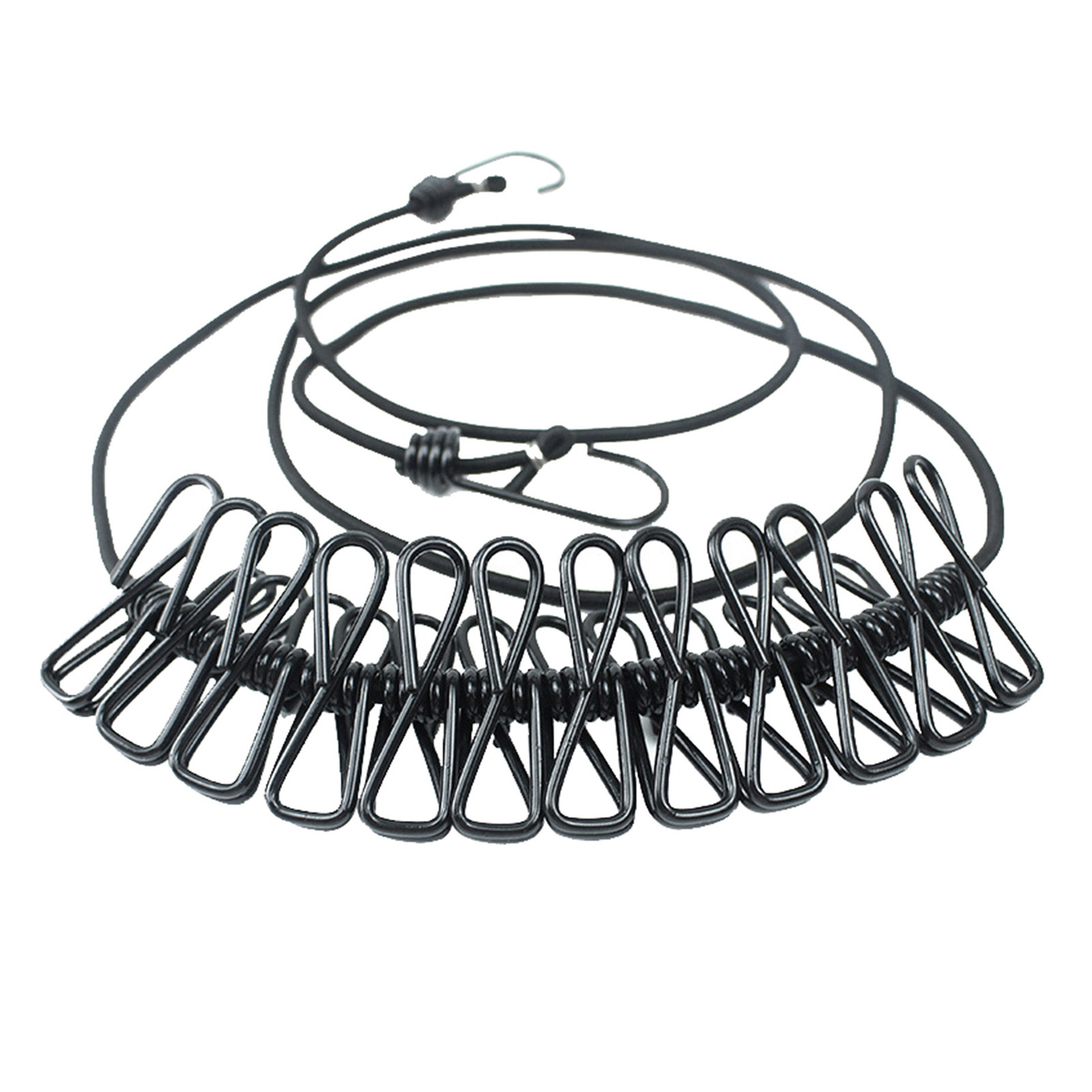 Tragbare Wäscheleine für Kleidung mit 12 Clips, einziehbarer Wäschetrockner, Wäscheseil, Wäscheständer, Stoff-Hängeleine für Höhle Außenbereich: Schwarz