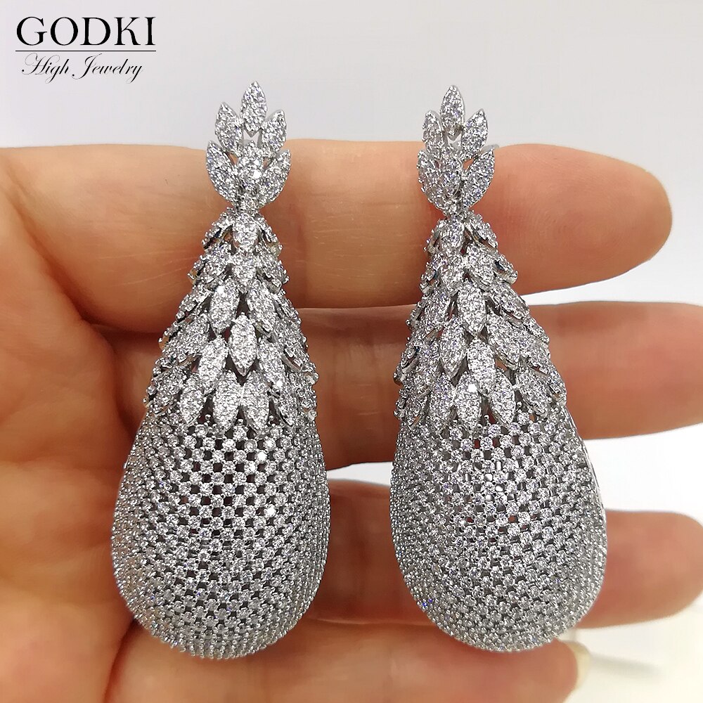 GODKI luxe ananas boucles d'oreilles goutte pour les femmes de mariage zircon cubique Dubai boucles d'oreilles de mariée bijoux fantaisie fête d'été: Silver