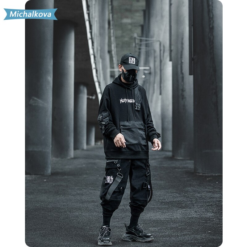 Monitaskuinen hiphop miesten vaatteet kirjonta nauha joustava vyötärö harajuku katuvaatteet lenkkeilijät housut techwear housut michalkova