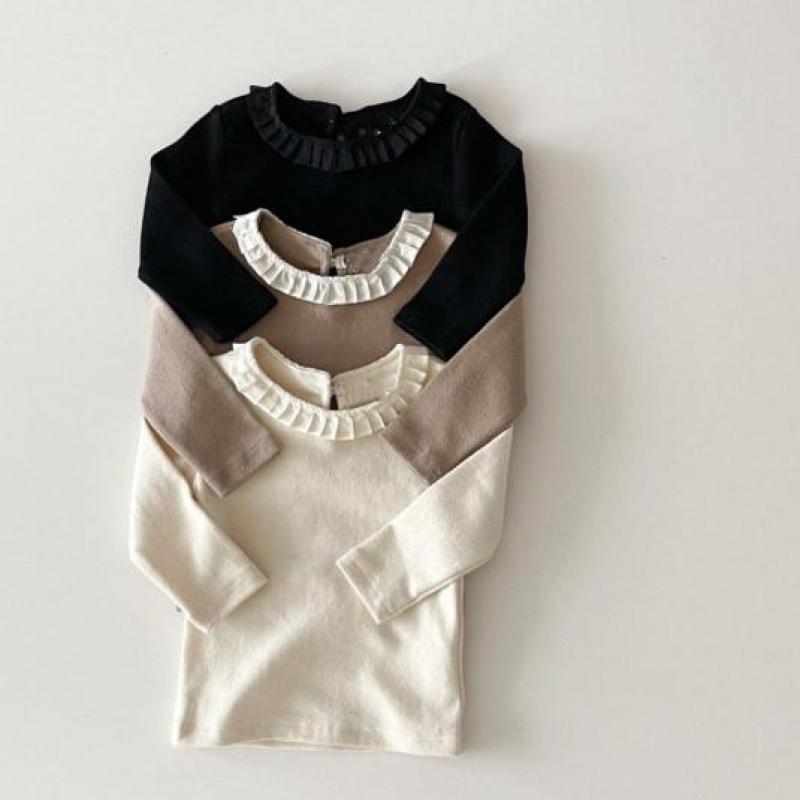 2022 primavera outono novo bebê menina manga longa t camisa de algodão meninas plissado gola topos doce princesa bebê bottoming camisas 0-24 m