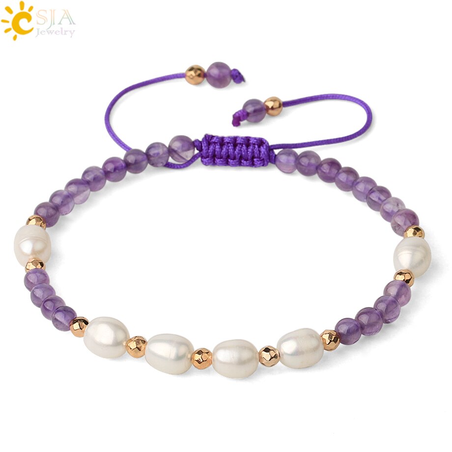 Csja Strand Armband 4 Mm Natuursteen Witte Parel Kristal Kralen Verstelbare Gevlochten Armbanden Voor Vrouwen Mannen Healing Sieraden G482