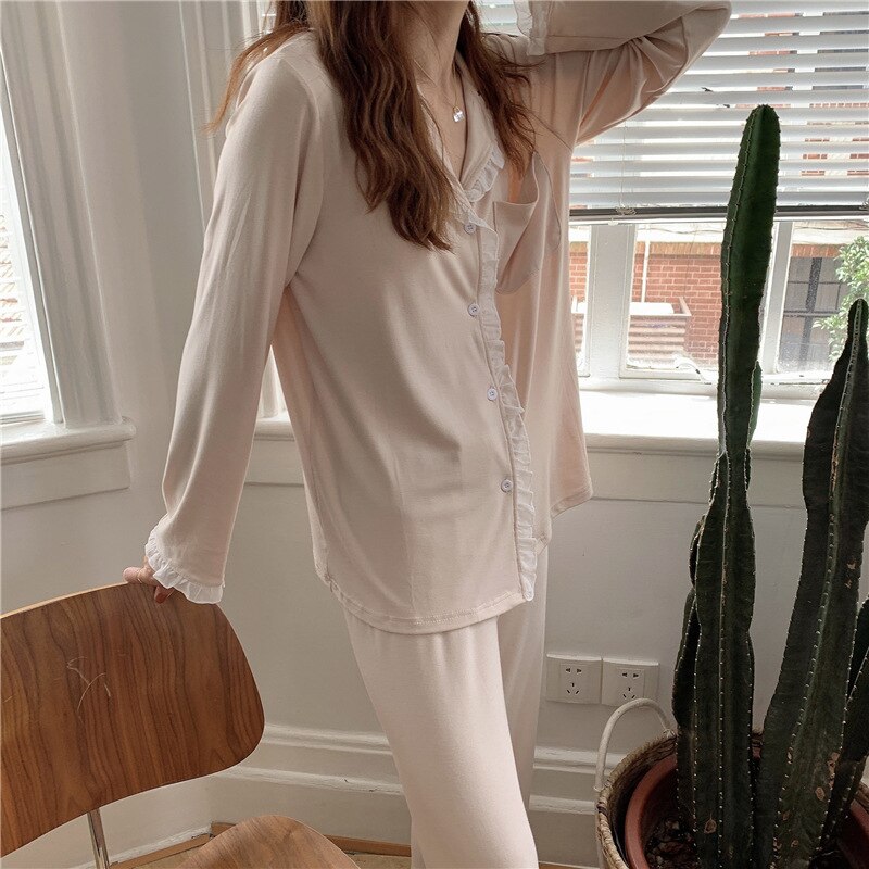 XIFER Pure Cotton Women Pajamas Autumn Style Ruffled Pajamas Long-sleeved Trousers Korean Home Service Two-piece Suit Women