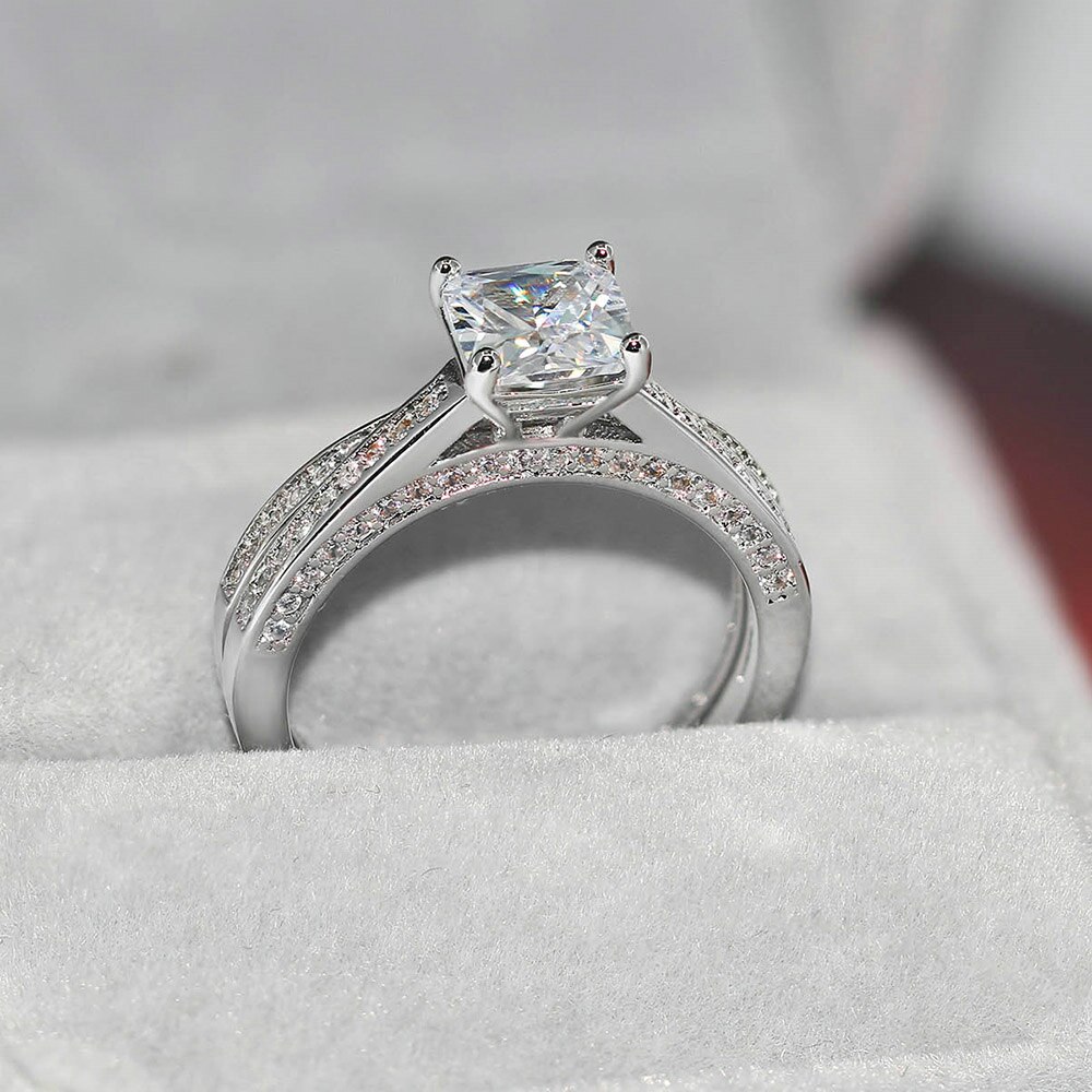 ZHOUYANG Wedding Engagement Ring Sets For Women Simple Square Cut Cubic Zirconia 2 PCS Silver Color Jewelry R605