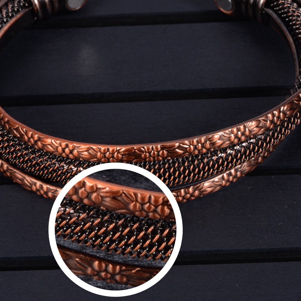 Pulseira de cobre puro torcido flores vintage magnéticas, bracelete de energia saudável, benefícios ajustáveis, pulseiras abertas para homens